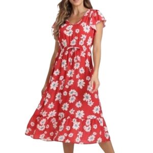 89th & Madison Red Floral Flutter Sleeve Midi Dress Women's Size M NWT